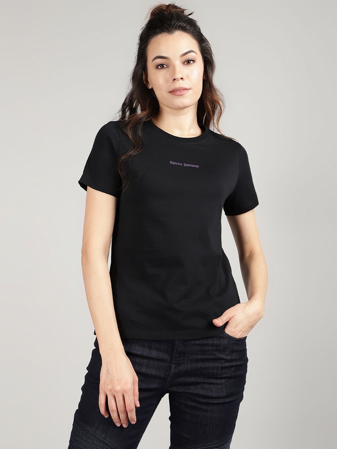 

Royal Enfield Women Abstract Printed Round Neck Cotton T-shirt, Black