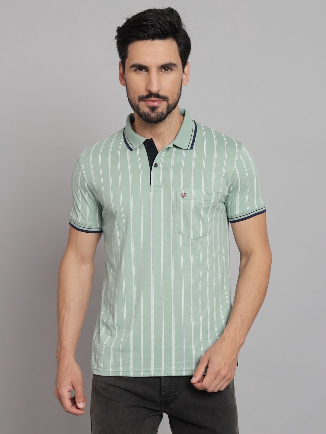 

URBAN TRAIL Men Striped Polo Collar Cotton T-shirt, Green