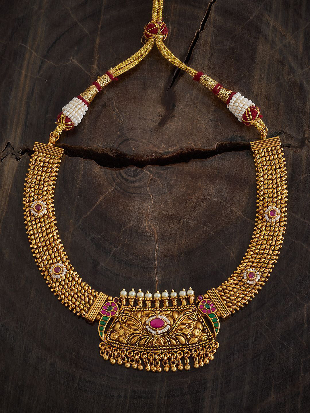 

Kushal's Fashion Jewellery Gold-Plated Stone Studded & Beaded Antique Necklace