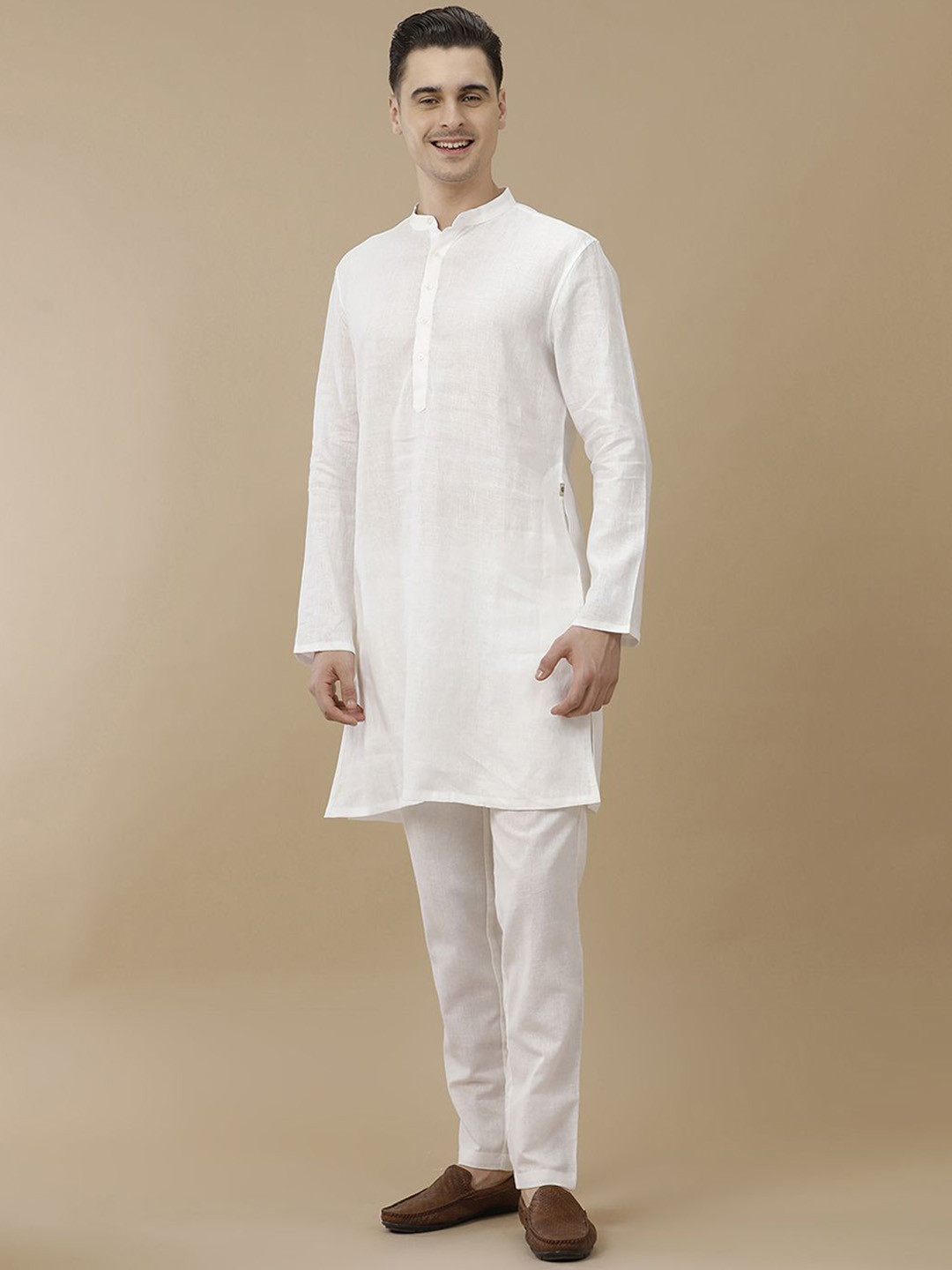 

Linen Club Mandarin Collar Dobby Weave Linen Straight Kurta, White