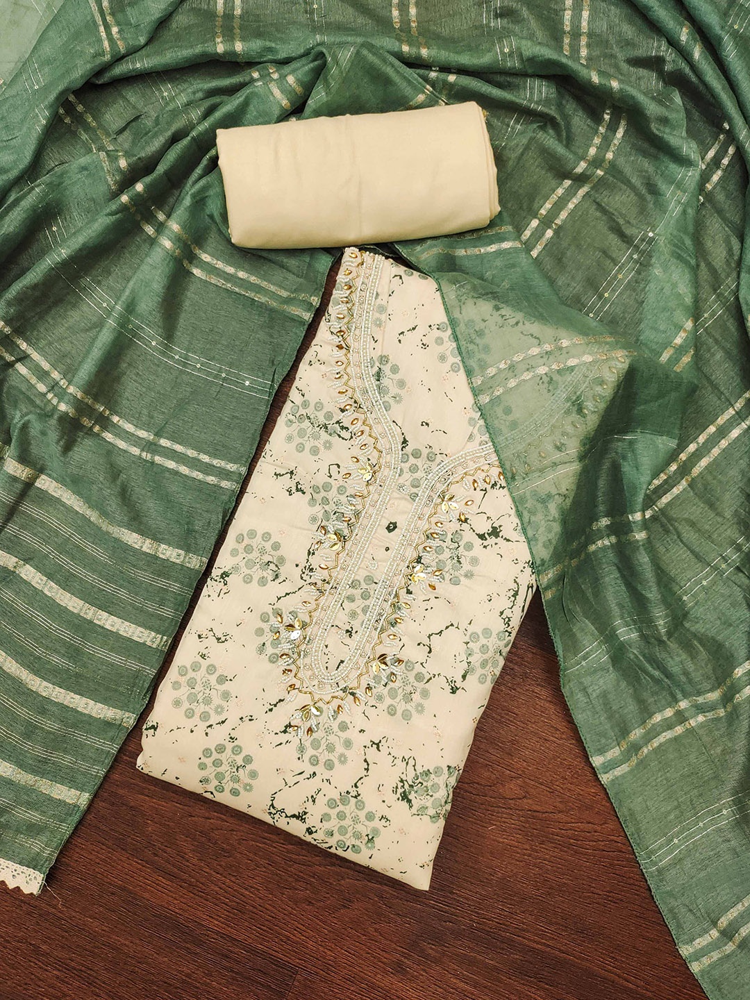 

Ishin Floral Embroidered Beads and Stones Unstitched Dress Material, Green