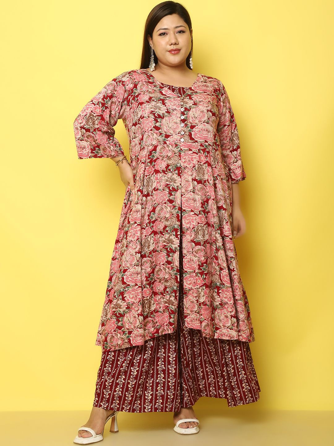 

theRebelinme Floral Printed Tunic With Palazzo & Inner Set, Maroon