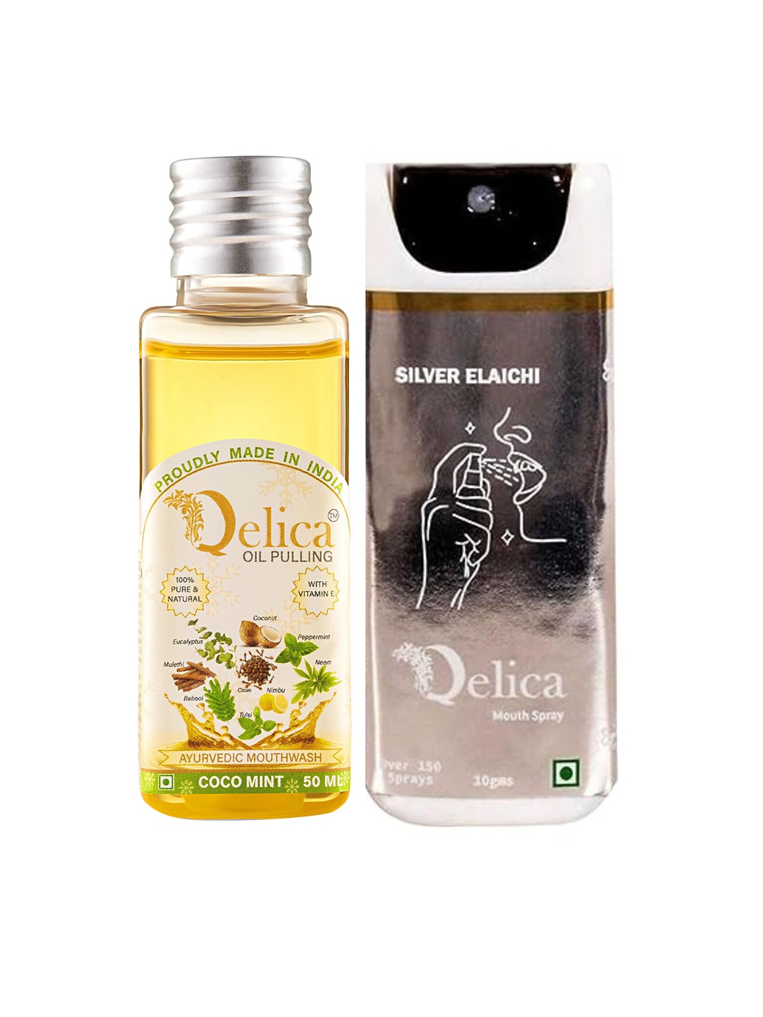 

Qelica Set Of 2 Ayurvedic Oil Pulling-50ml With Mouth Freshener Spray-10ml, Silver