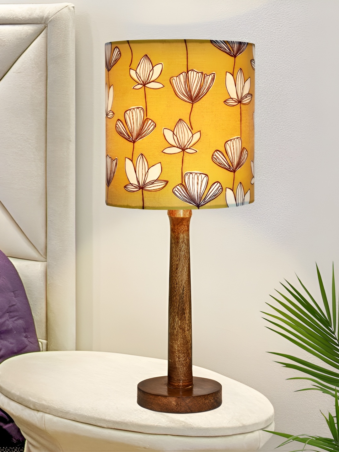 

Homesake Yellow & Brown Floral Printed Wooden Cylindrical Table Lamp With Bulb