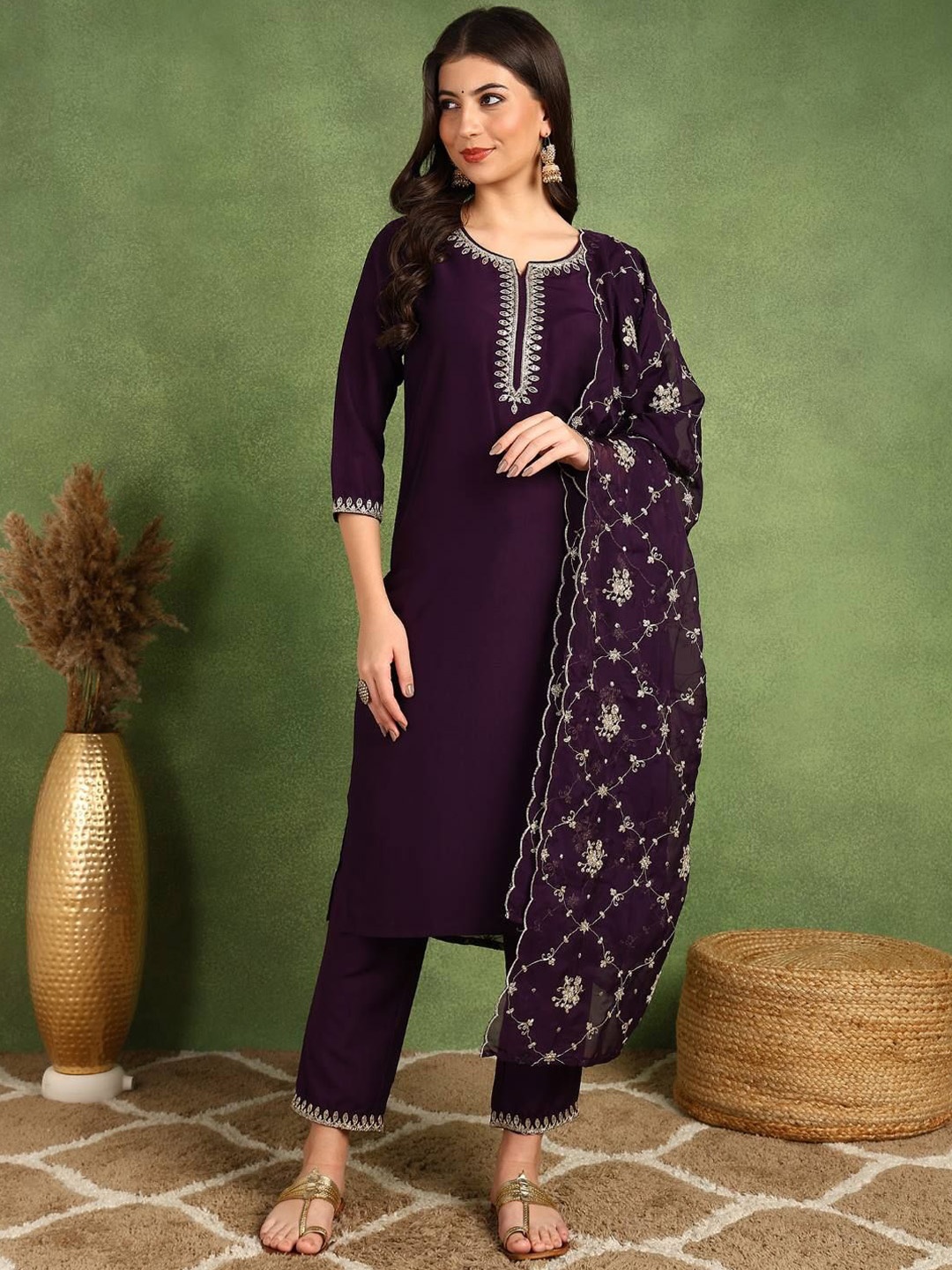 

KALINI Ethnic Motifs Yoke Design Sequinned Kurta with Trousers & Dupatta, Purple