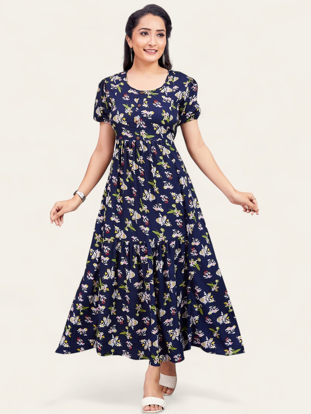 

PAMPER YOURSELF Floral Printed Fit and Flare Maxi Dress, Navy blue