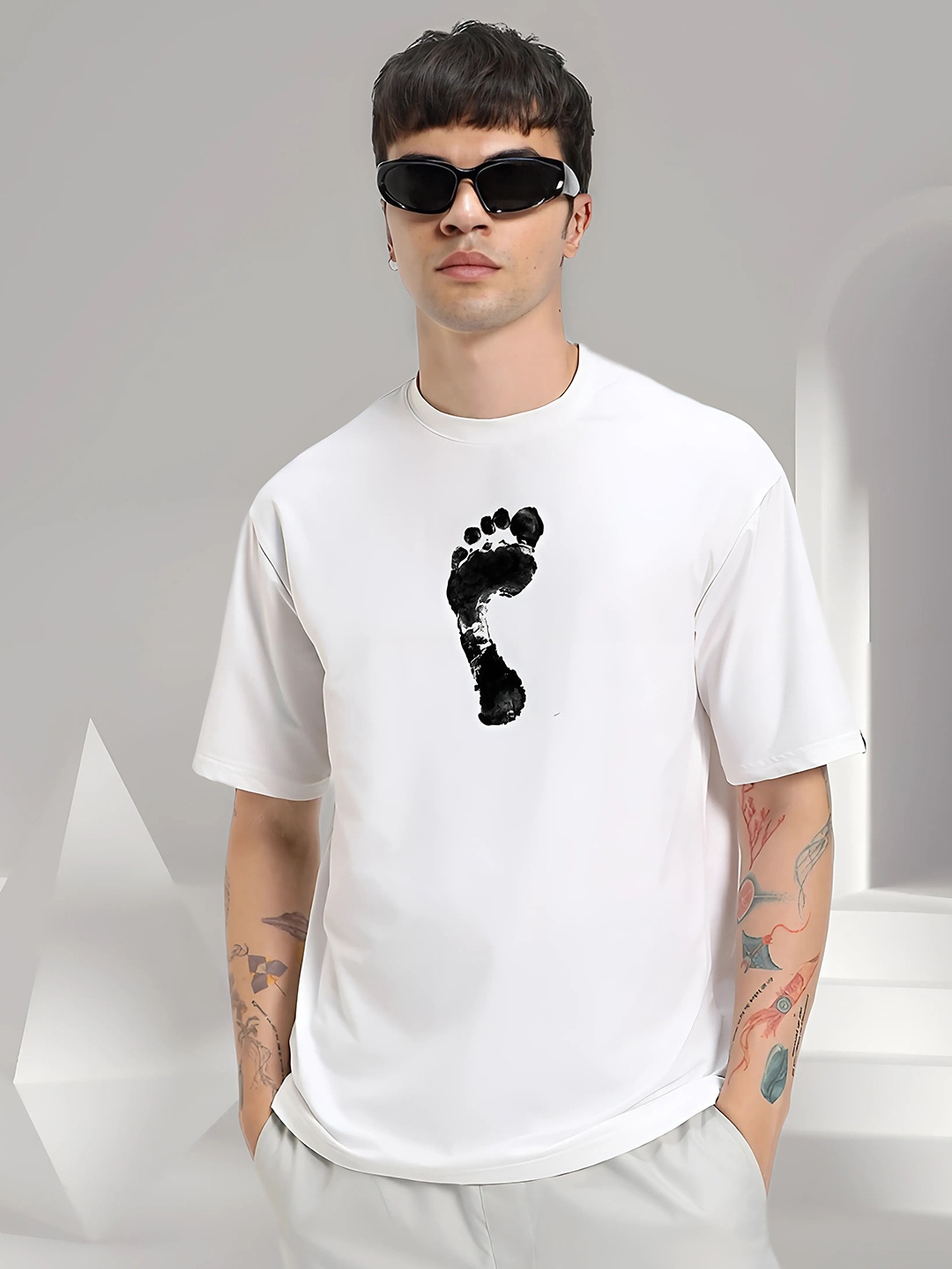 

Elibolz Men Graphic Printed Round Neck Cotton Oversized T-shirt, White