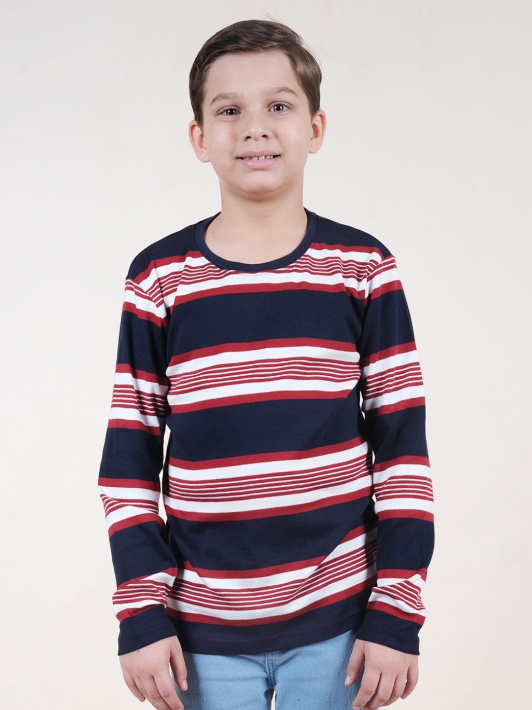 

KiddoPanti Boys Striped Round Neck Cotton T-shirt, Navy blue