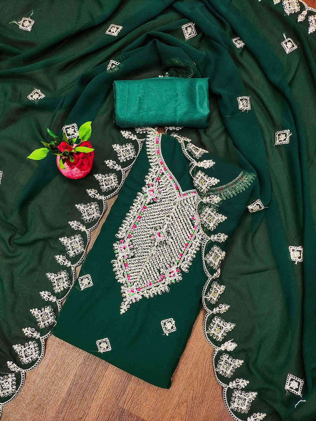 

Ishin Floral Embroidered Sequinned Silk Georgette Unstitched Dress Material, Green