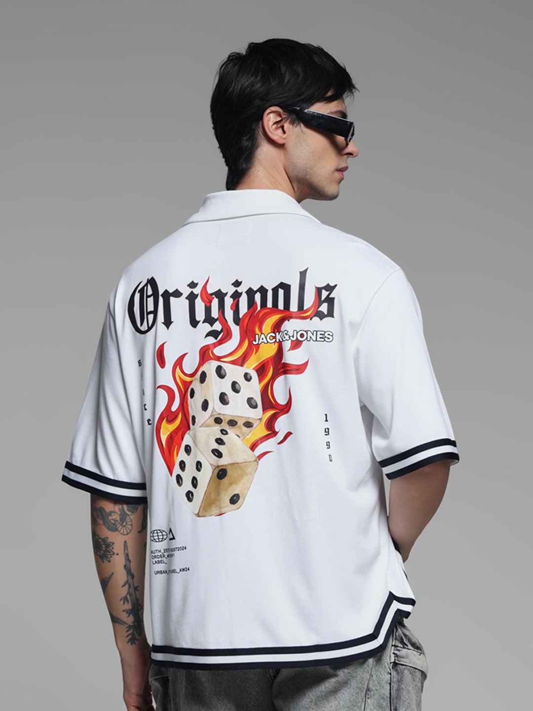 

Jack & Jones Men Cuban Collar Graphic Printed Oversized Casual Shirt, White