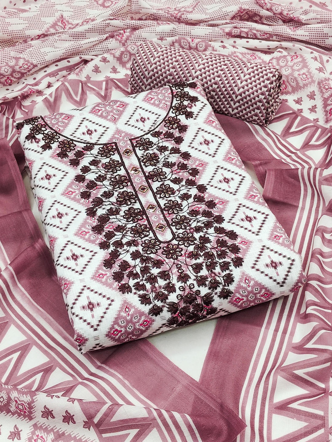 

Ishin Ethnic Motifs Printed Sequinned Pure Cotton Unstitched Dress Material, Pink