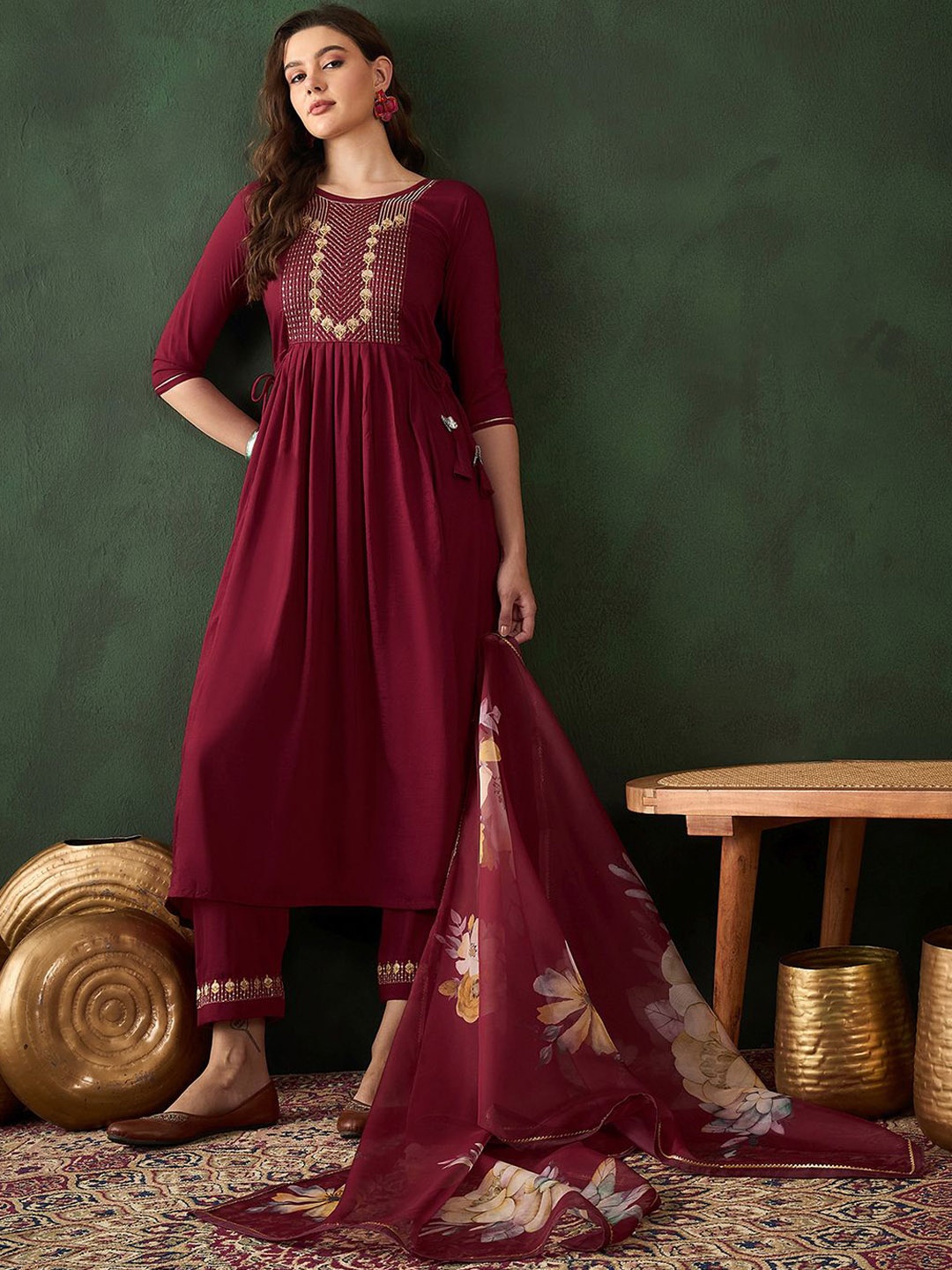 

Sangria Floral Embroidered A Line Kurta & Palazzos With Dupatta, Maroon