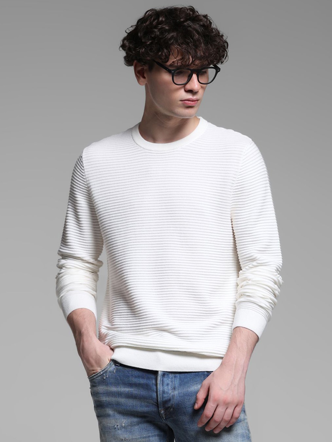 

Jack & Jones Men Solid Ribbed Cotton Pullover Sweater, White