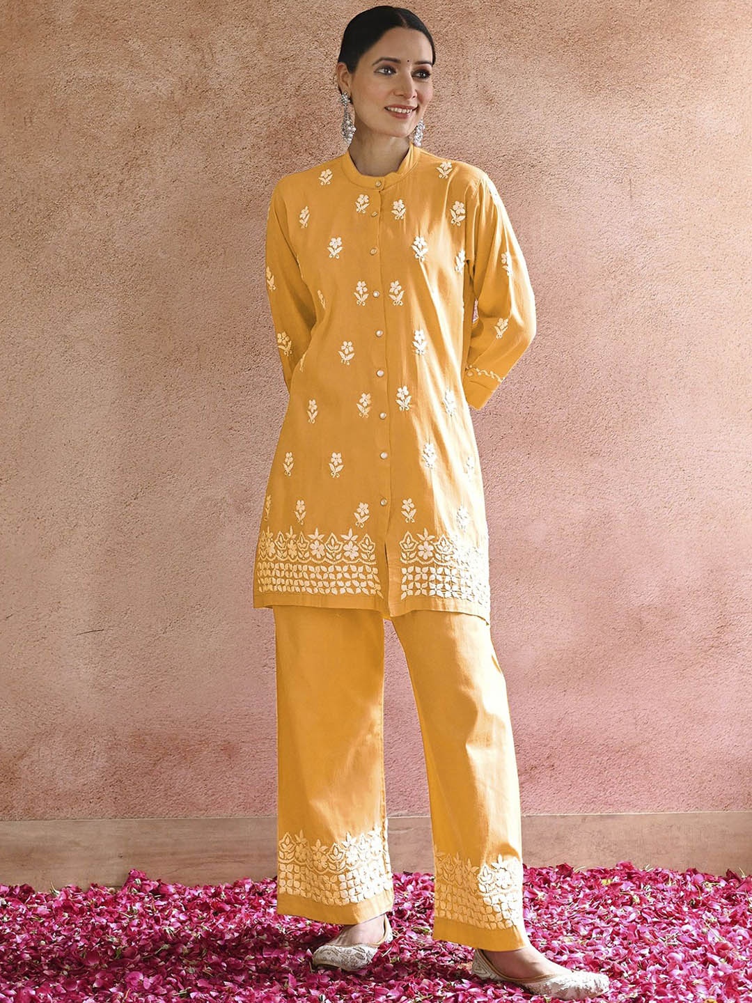 

JULEE Ethnic Motifs Embroidered Band Collar A-Line Kurta with Palazzo, Yellow