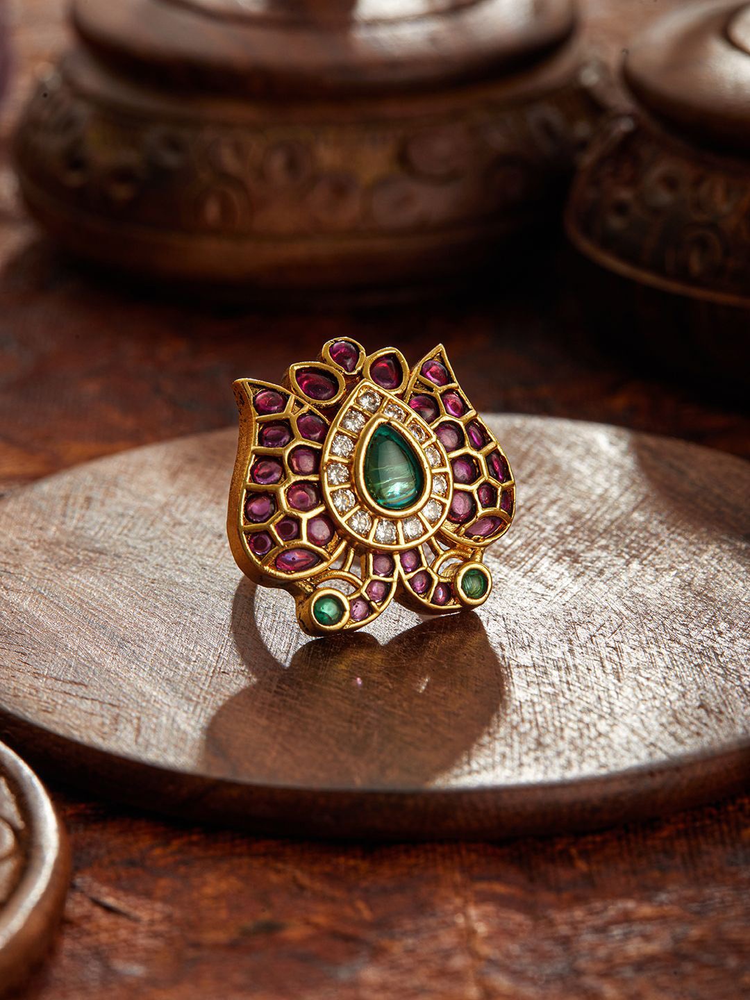 

Jazz and Sizzle Gold-Plated Stone-Studded Peacock Adjustable Finger Ring