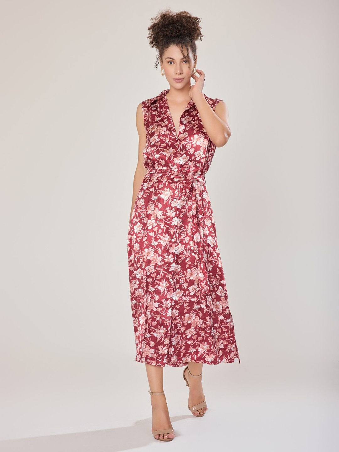 

Urban Sundari Women Floral Print Satin A-Line Midi Dress, Red