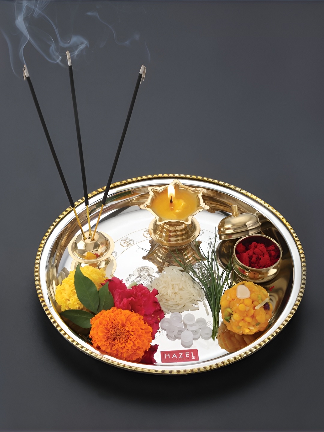 

HAZEL Silver Toned & Gold Toned Stainless Steel Pooja Aarti Thali With Diya