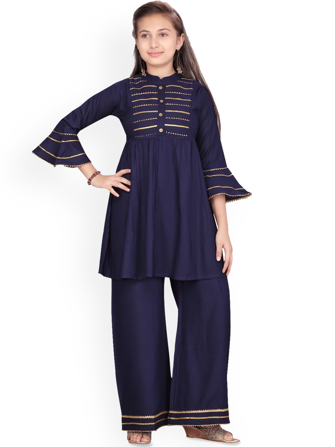 

BAESD Girls Striped Band Collar bell Sleeves Pure Cotton A-Line Kurta with Palazzo, Navy blue