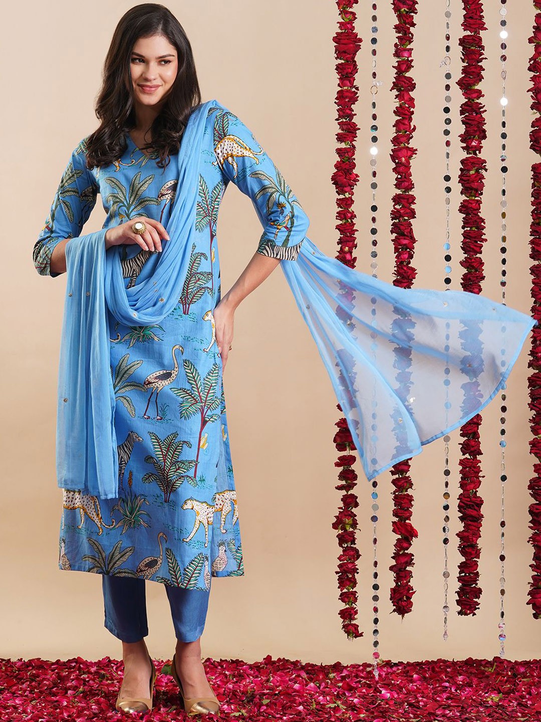 

KALINI Floral Printed Straight Kurta with Trousers & Dupatta, Blue