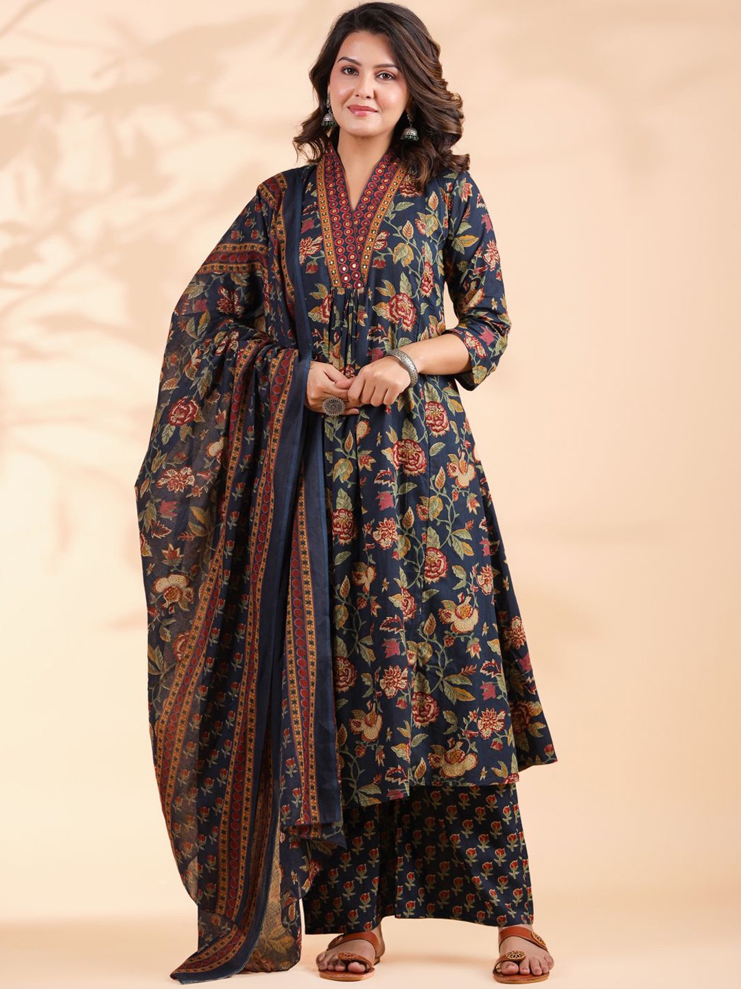 

Vbuyz Floral Printed Pleated Mirror Work Pure Cotton A-Line Kurta With Palazzos & Dupatta, Blue