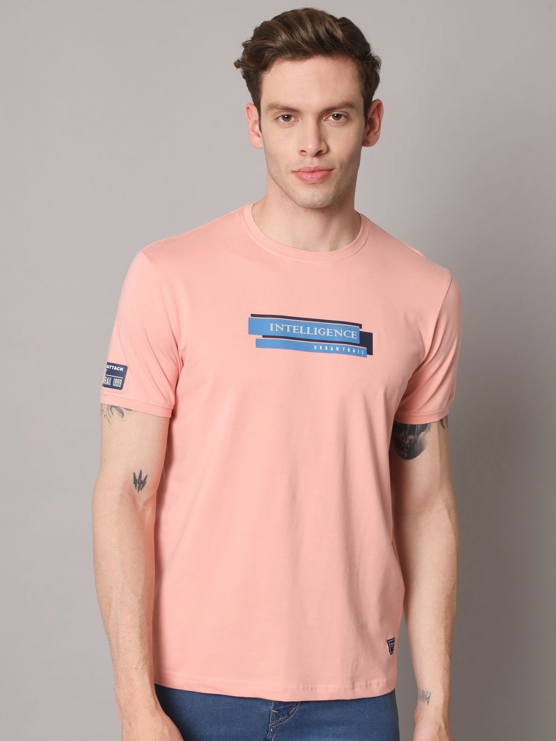 

URBAN TRAIL Men Typography Printed Round Neck Cotton T-shirt, Peach