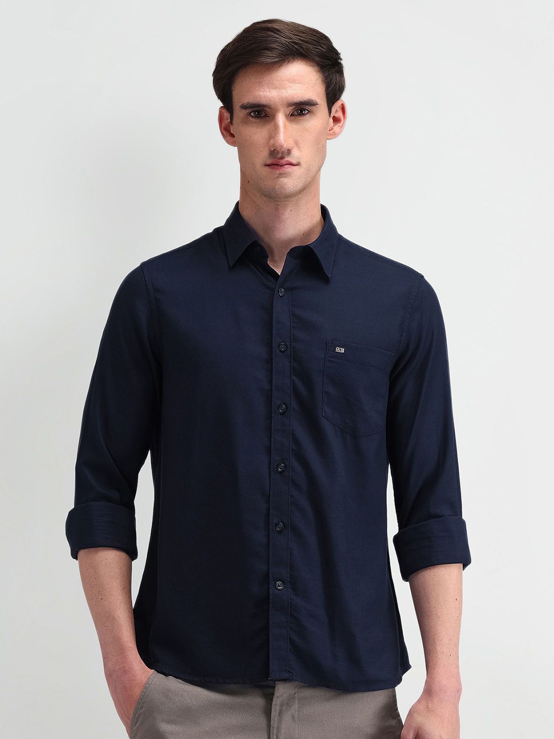 

Arrow Sport Men Classic Spread Collar Textured Cotton Casual Shirt, Navy blue