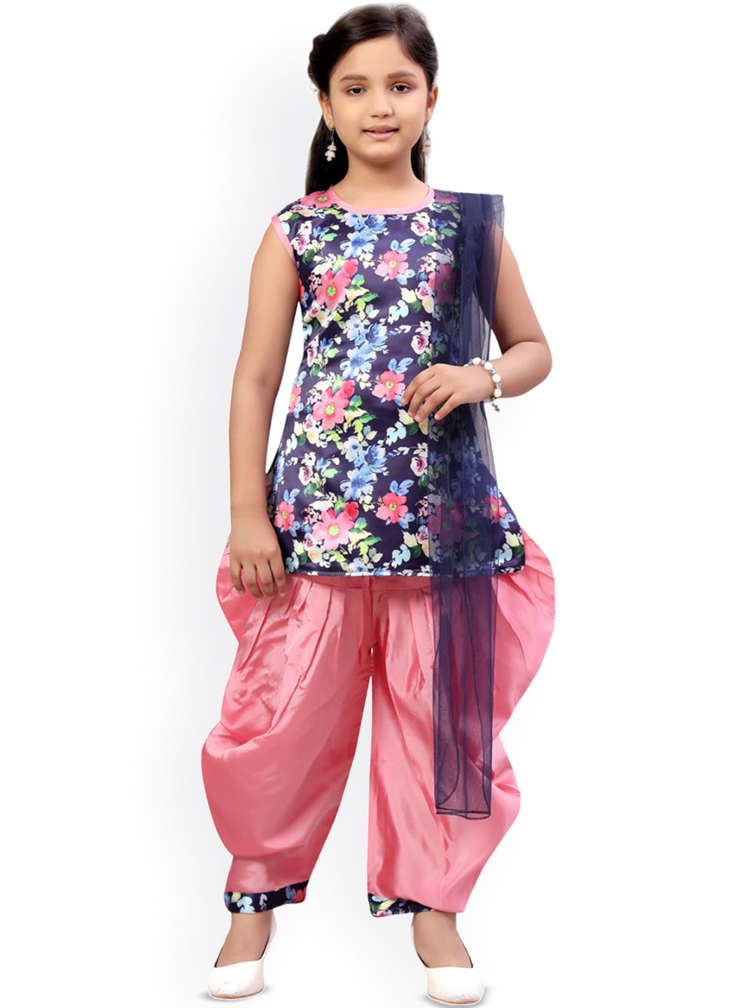 

BAESD Girls Floral Printed Pure Silk Kurti With Dhoti Pants & Dupatta, Pink