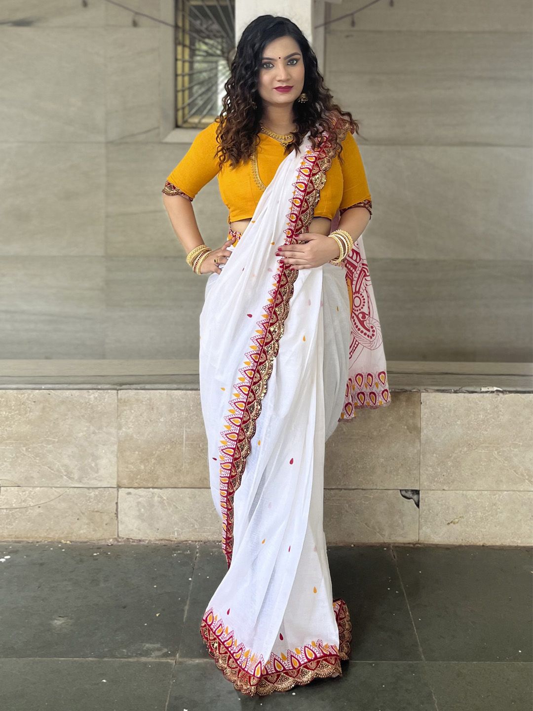 

Anouk Ethnic Motifs Beads and Stones Block Print Saree, White