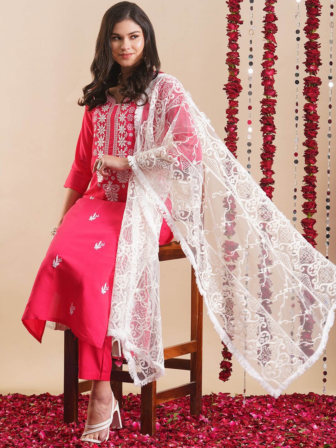 

KALINI Ethnic Motifs Embroidered Thread Work Kurta With Trousers & Dupatta, Pink