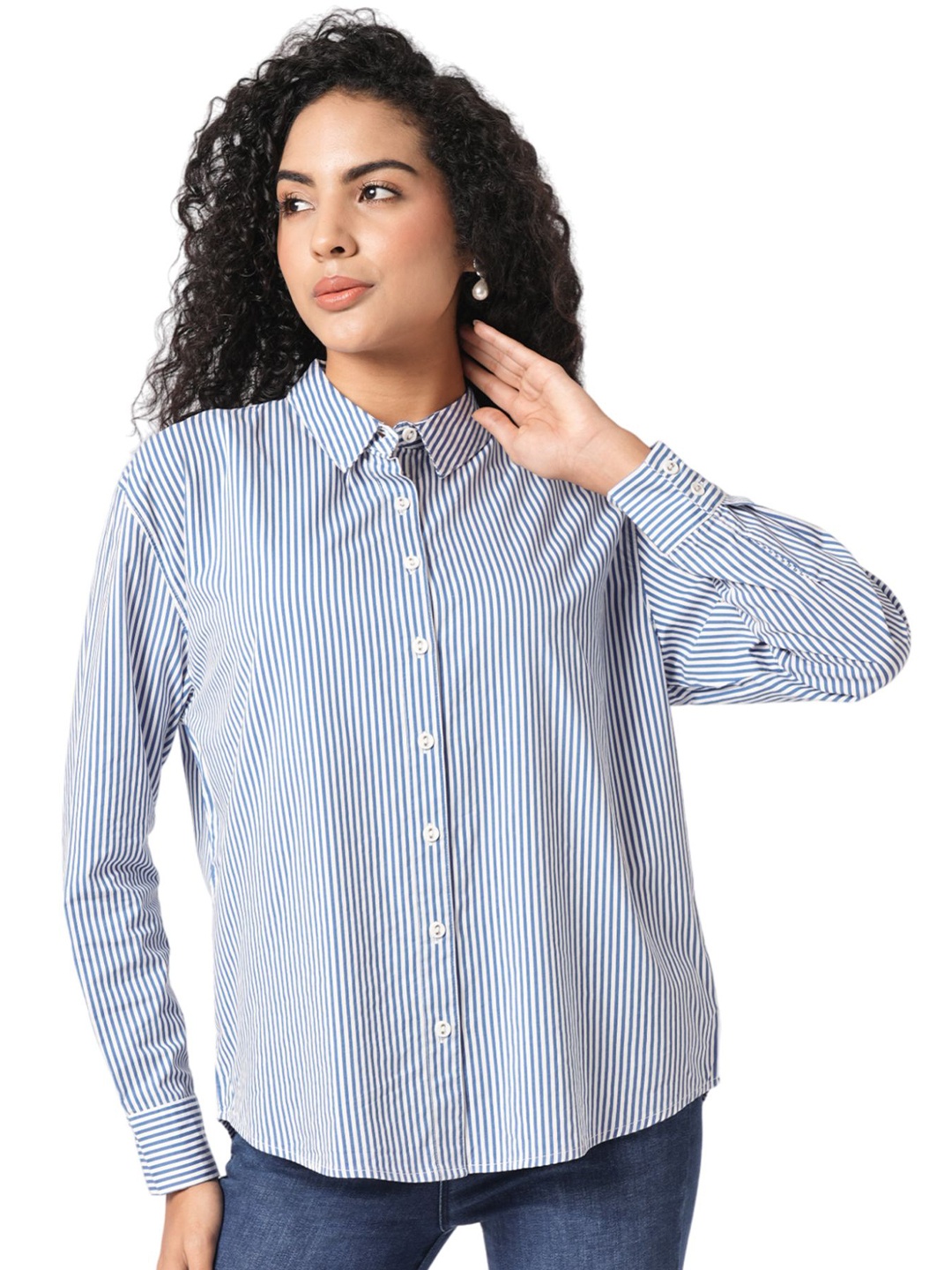 

Kraus Jeans Women Vertical Striped Cotton Slim Fit Casual Shirt, White