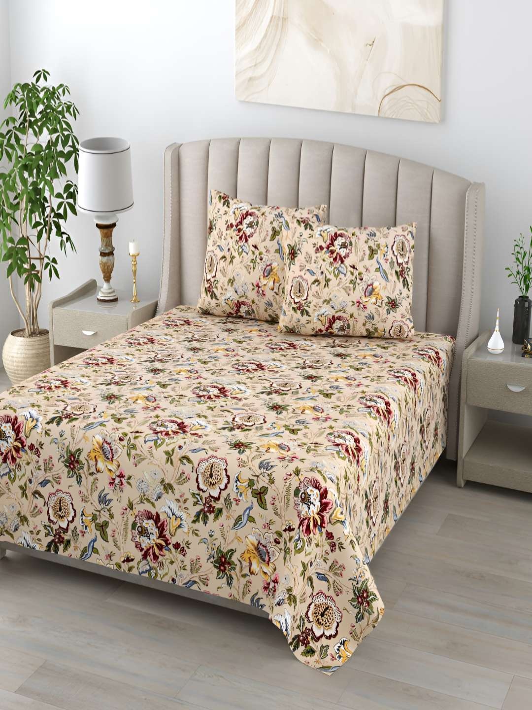 

Jinaya's Anokhi Biege & Maroon Floral 210 TC Pure Cotton King Bedsheet & 2 Pillow Covers, Beige