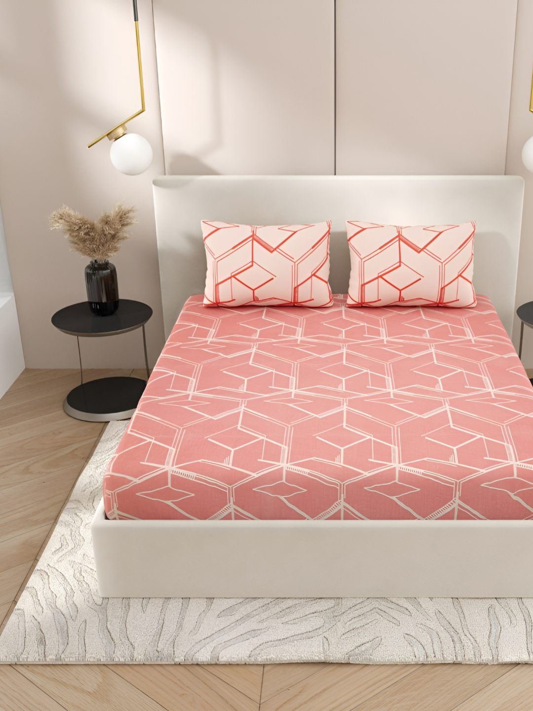 

Jinaya's Pink & Off White Geometric 300 TC King Bedsheet with 2 Pillow Covers
