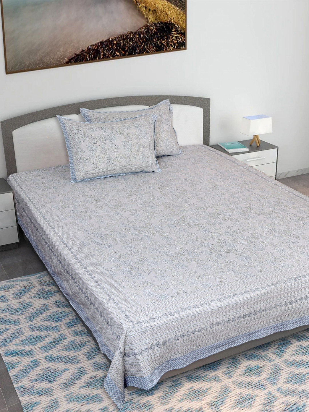 

Texstylers Blue & Grey Kantha 210 TC Cotton King Bedsheet With 2 Pillow Covers