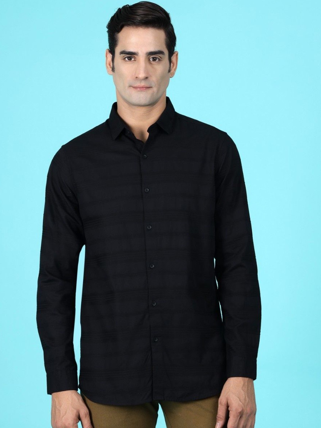 

Gavin Paris Men Original Spread Collar Horizontal Striped Cotton Semiformal Shirt, Black