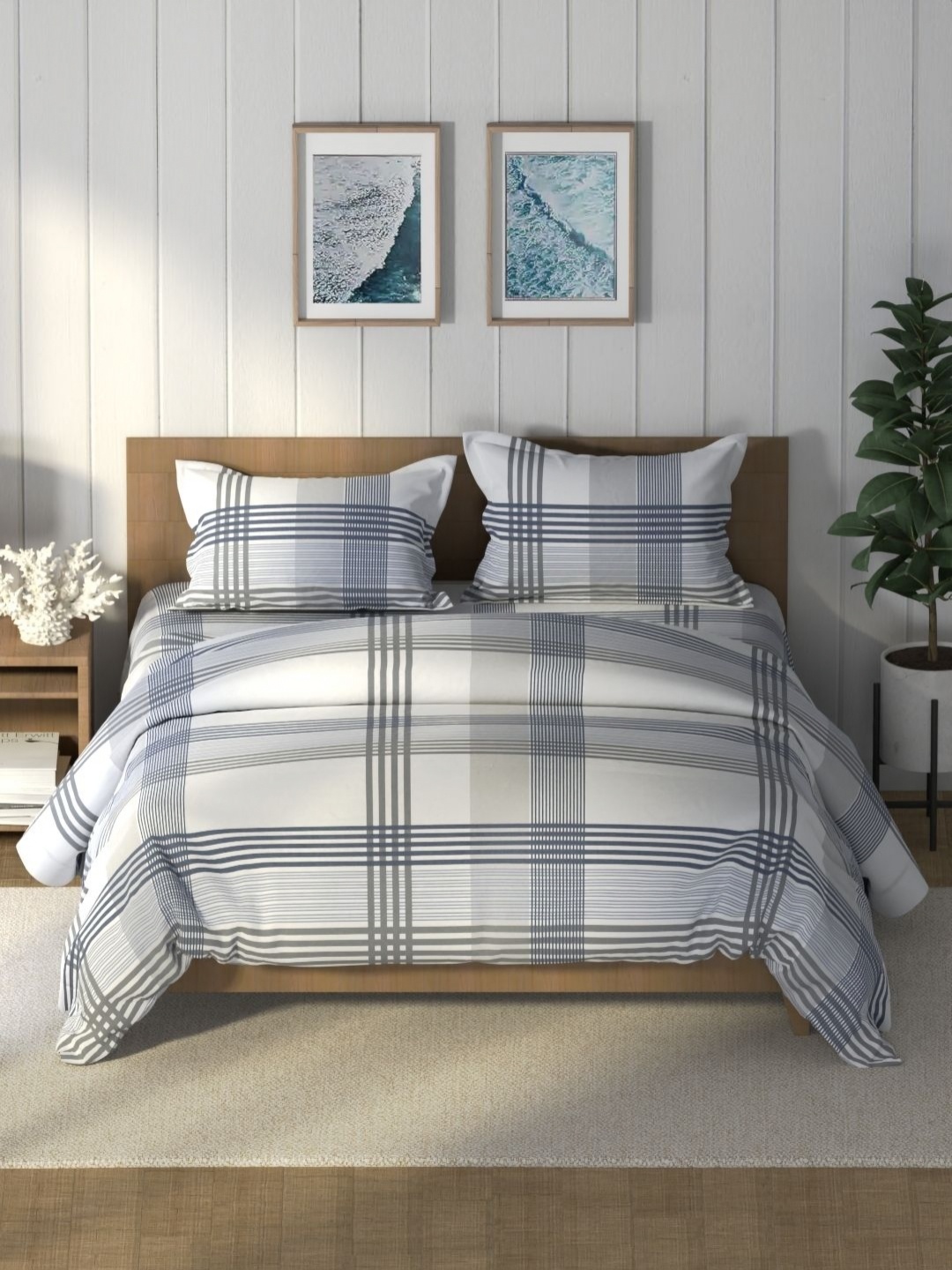 

Nautica Blue & White Striped Pure Cotton AC Room Double Queen Regular Bedding Set