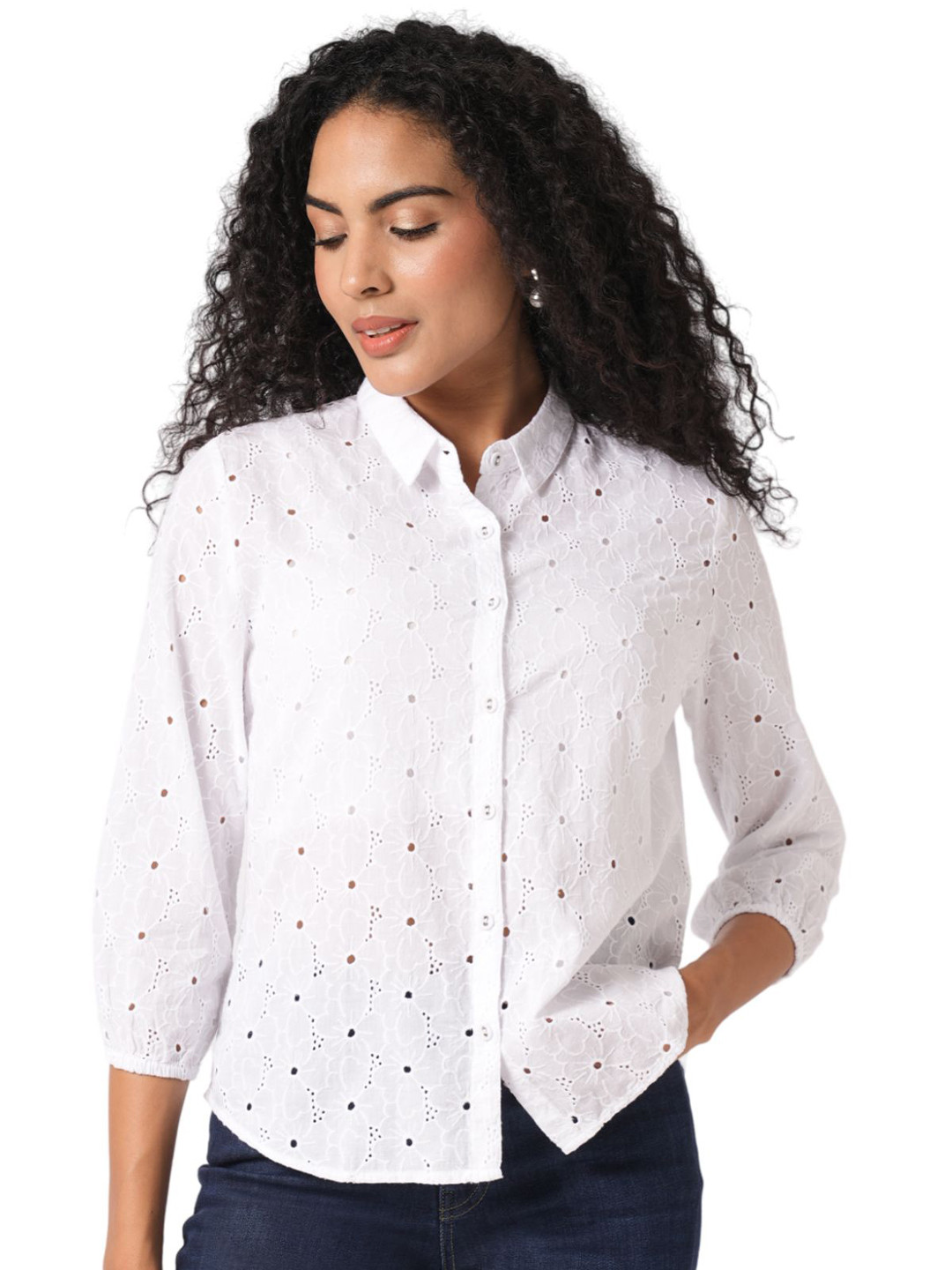 

Kraus Jeans Women Spread Collar Textured Cotton Slim Fit Casual Shirt, White