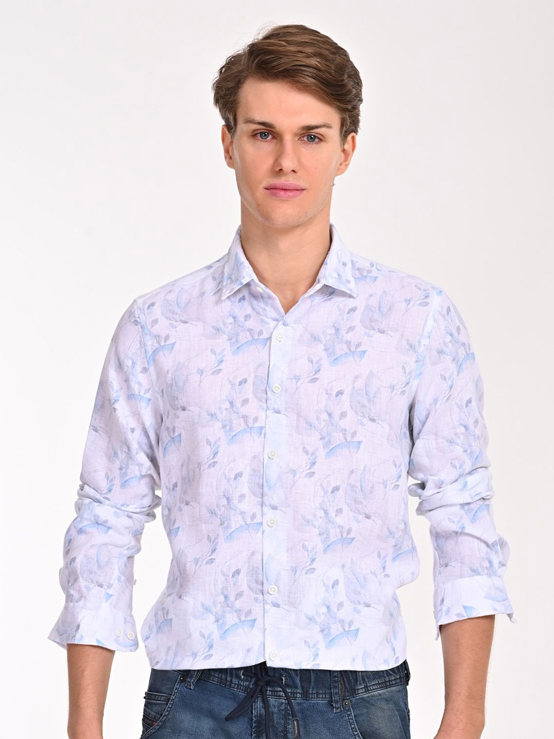 

POE Men Smart Cutaway Collar Floral Printed Cotton Slim Fit Casual Shirt, Blue