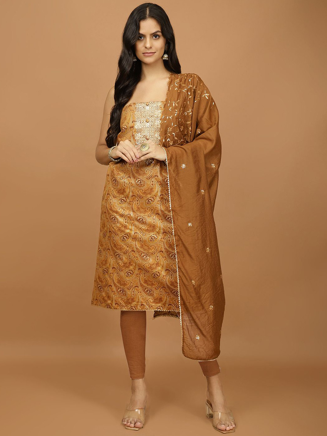 

Meena Bazaar Ethnic Motifs Printed Sequinned Unstitched Dress Material, Mustard