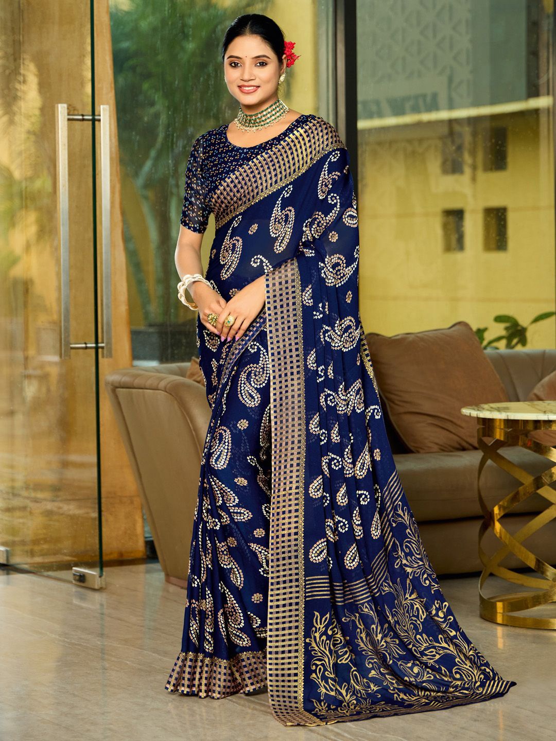 

Anouk Bandhani Poly Georgette Saree with Matching Blouse, Navy blue