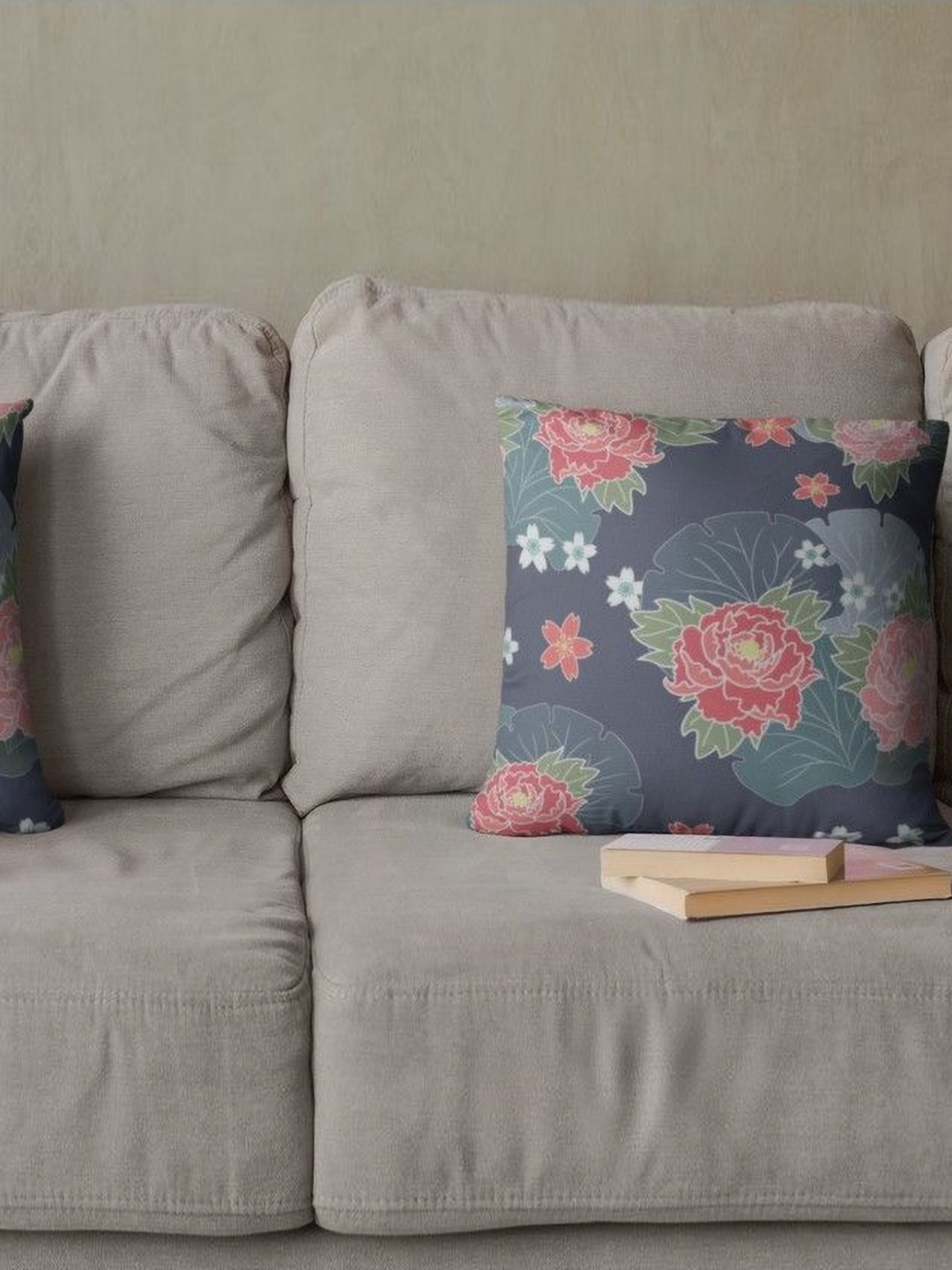 

THEYAYACAFE Blue & Peach-Coloured 2 Pieces Floral Printed Velvet Square Cushion Covers