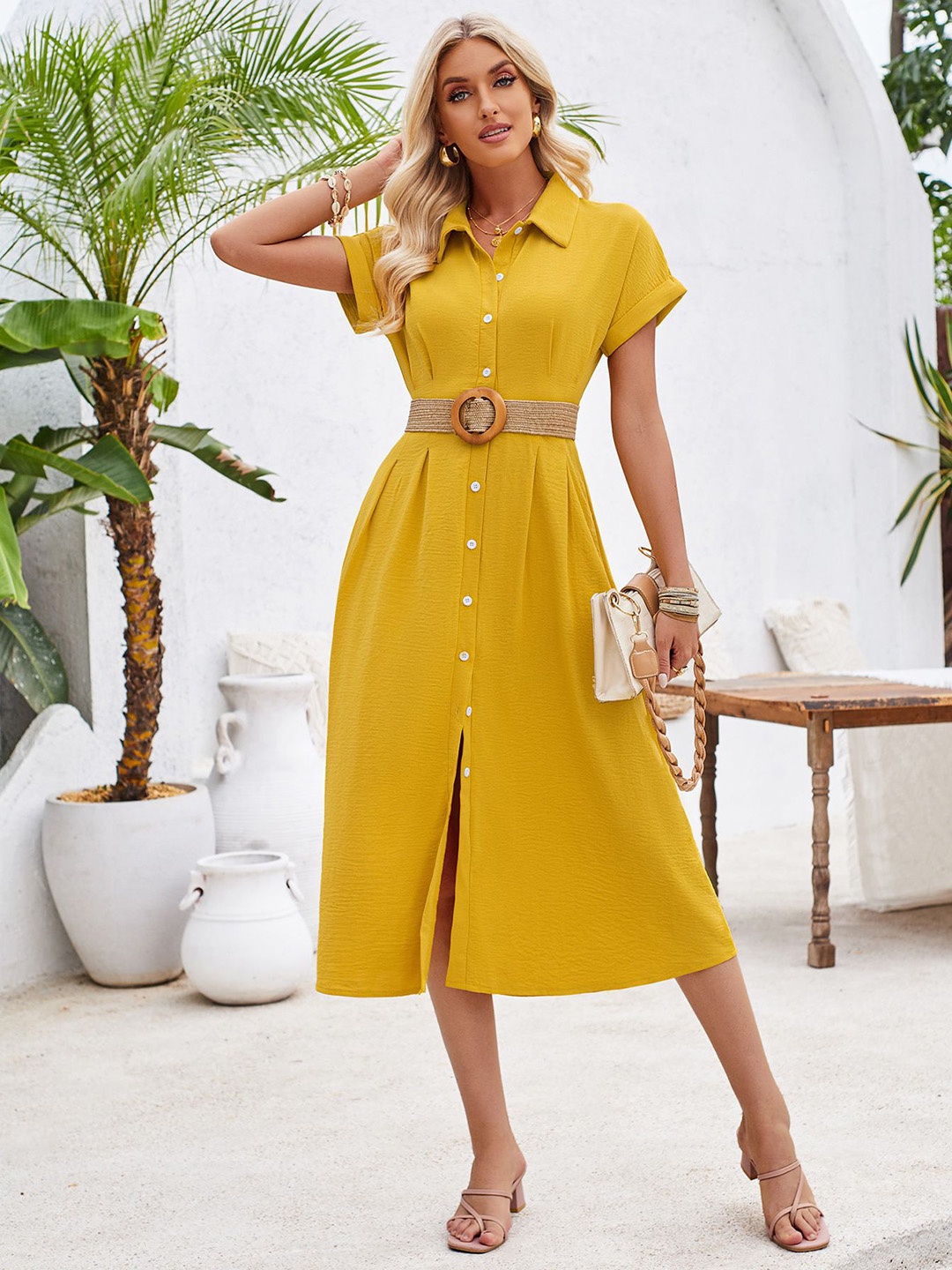 

StyleCast Women Solid Textured Shirt Midi Dress, Yellow