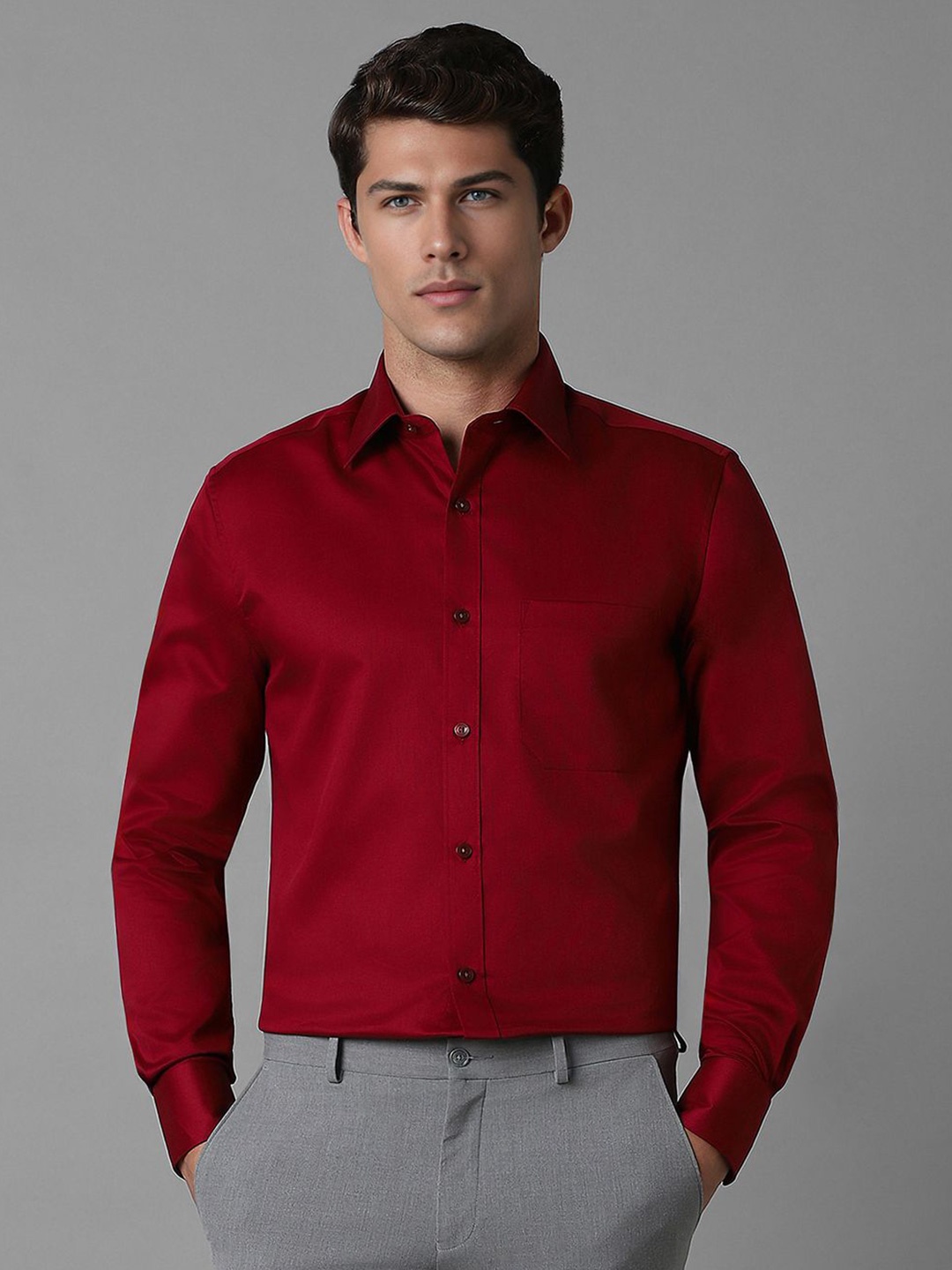 

Louis Philippe Men Classic Spread Collar Solid Cotton Formal Shirt, Maroon