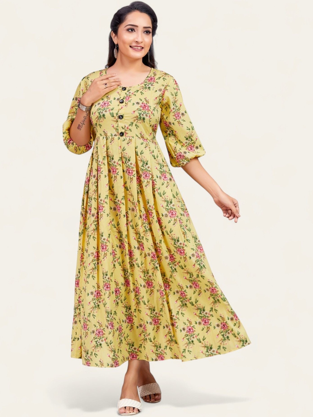 

PAMPER YOURSELF Floral Printed Floral Anarkali Ethnic Dresses, Yellow
