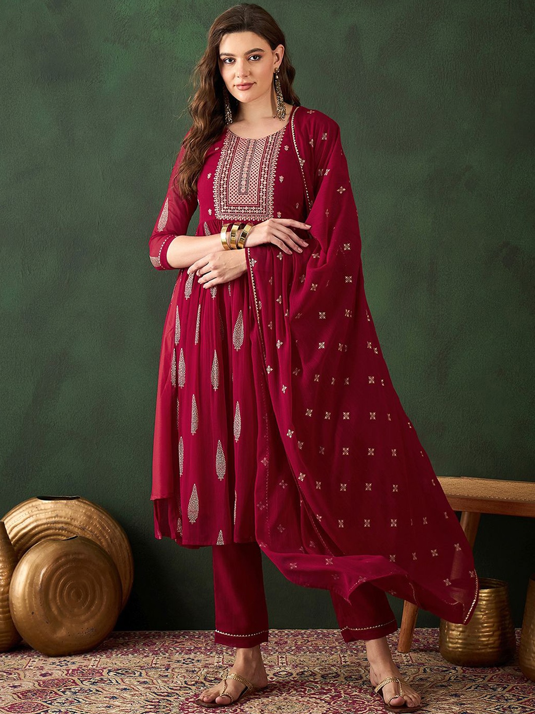 

Sangria Embroidered Sequence Plated Anarkali Kurta & Palazzo With Dupatta, Maroon
