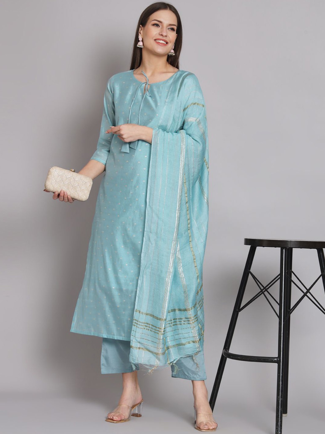 

VredeVogel Floral Woven Design Tie-Up Neck Chanderi Silk Kurta with Trousers & Dupatta, Blue