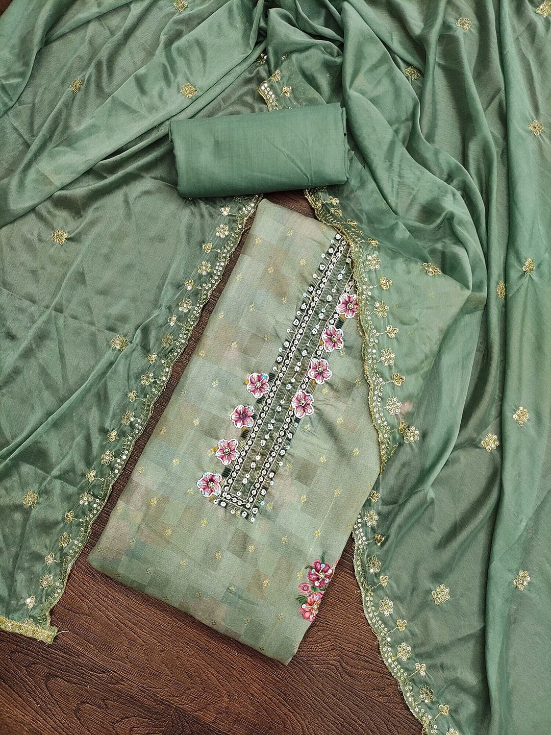 

Ishin Beads & Stones Unstitched Dress Material, Sea green