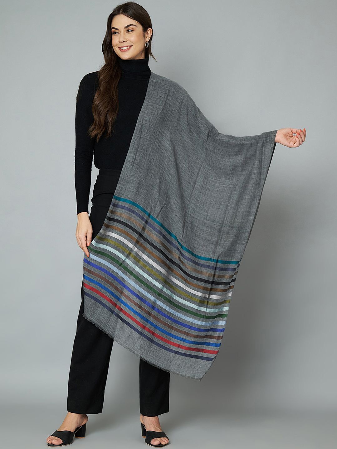 

MUFFLY Women Fine wool Silk Striped Stole scarf, Grey