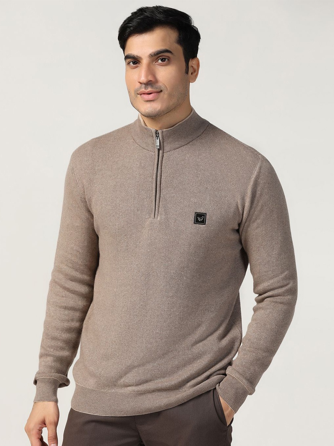 

Blackberrys Men Solid Mock Collar Cotton Pullover Sweater, Brown