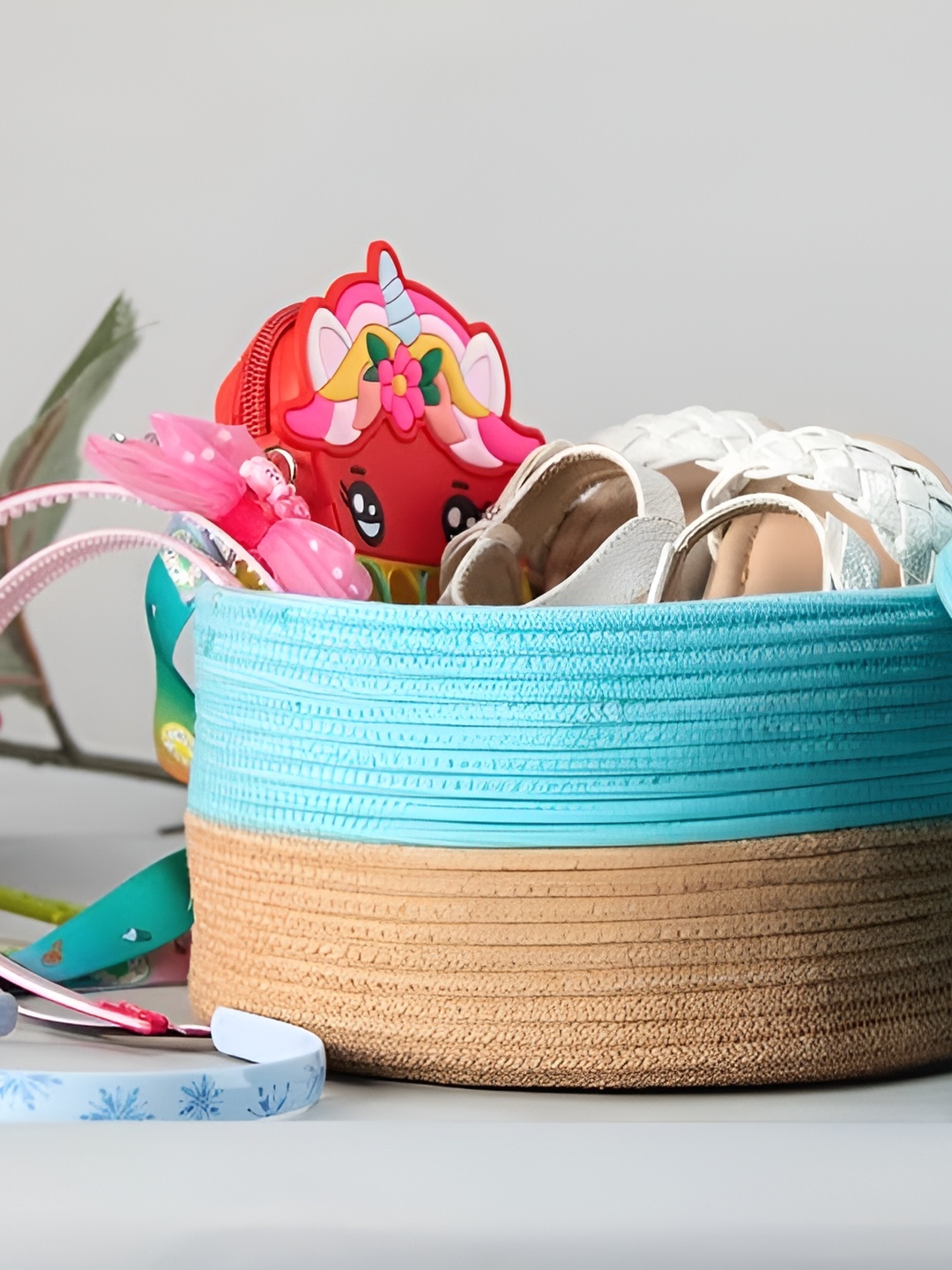 

SUI DHAGGA Blue & Brown Striped Jute Cotton Shelf Basket with Lid