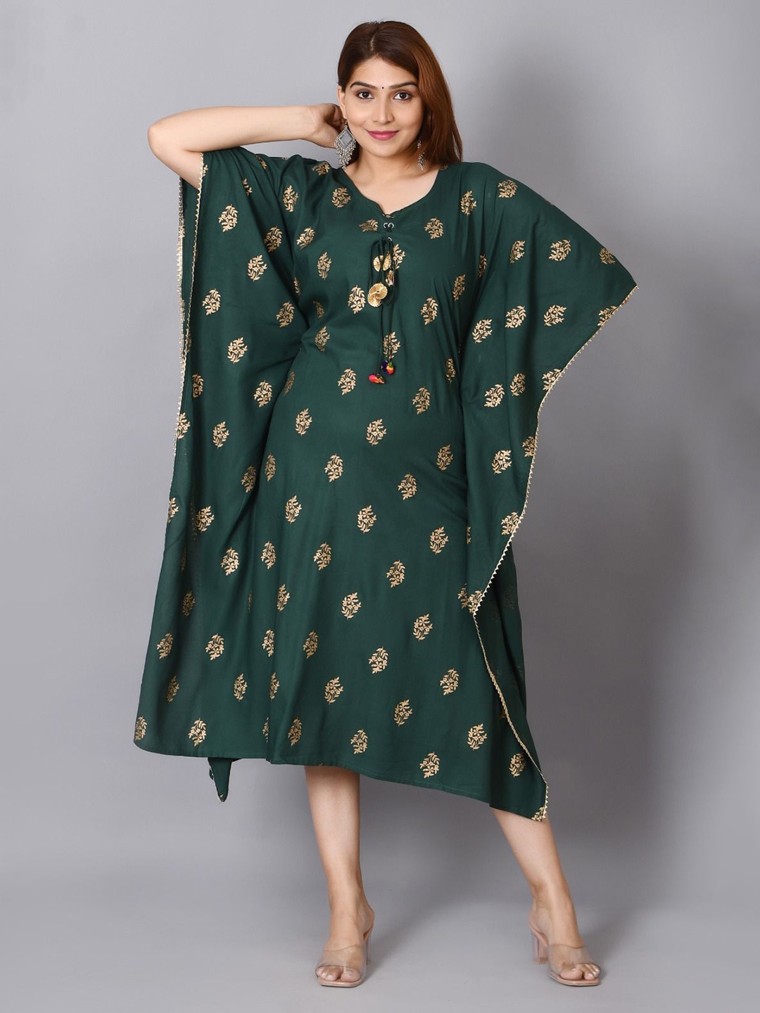 

Cloth Bites Printed V-Neck Kimono Sleeves Kaftan Ethnic Dress, Green